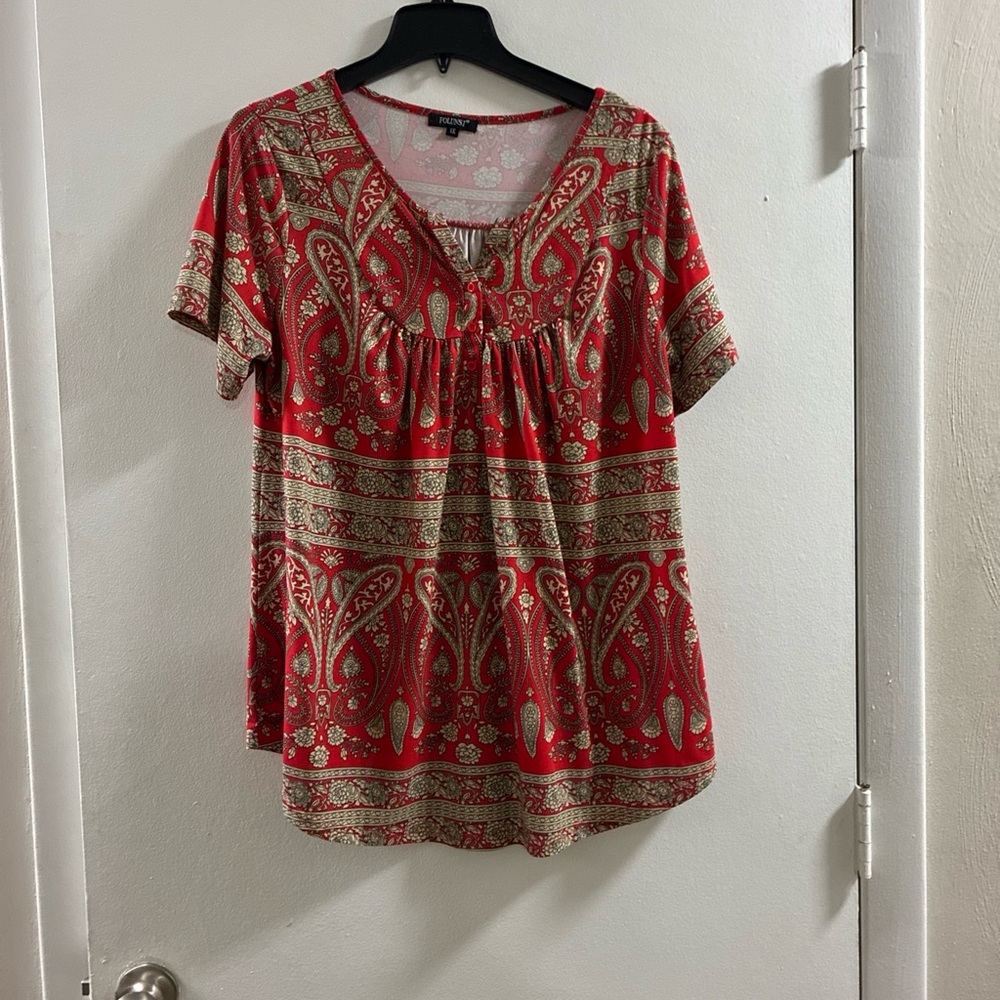 Bright Red Paisley Short-Sleeve Tunic Top‎